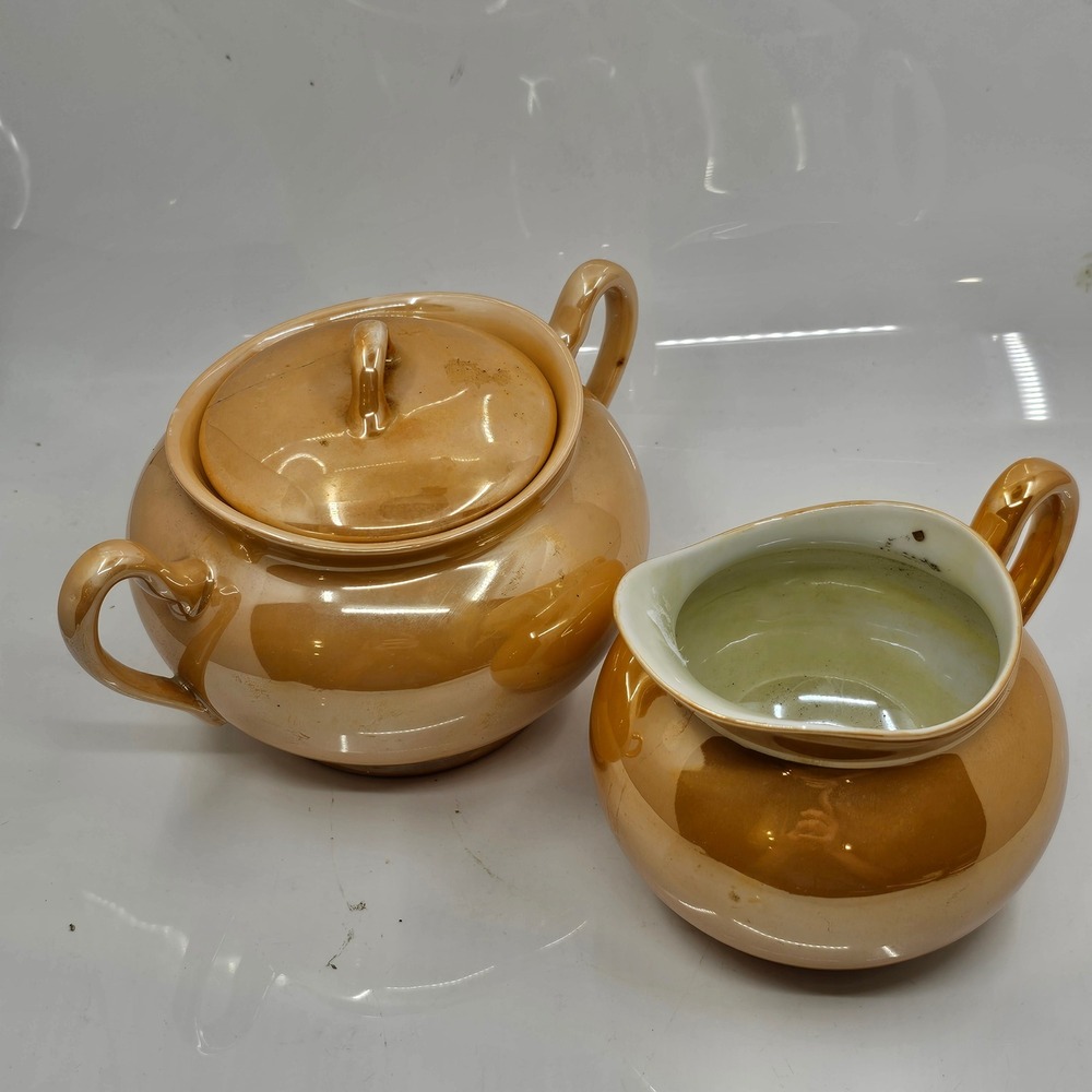 Meito China Orange Lusterware Sugar Bowl and Creamer Set Hand Painted Japan
